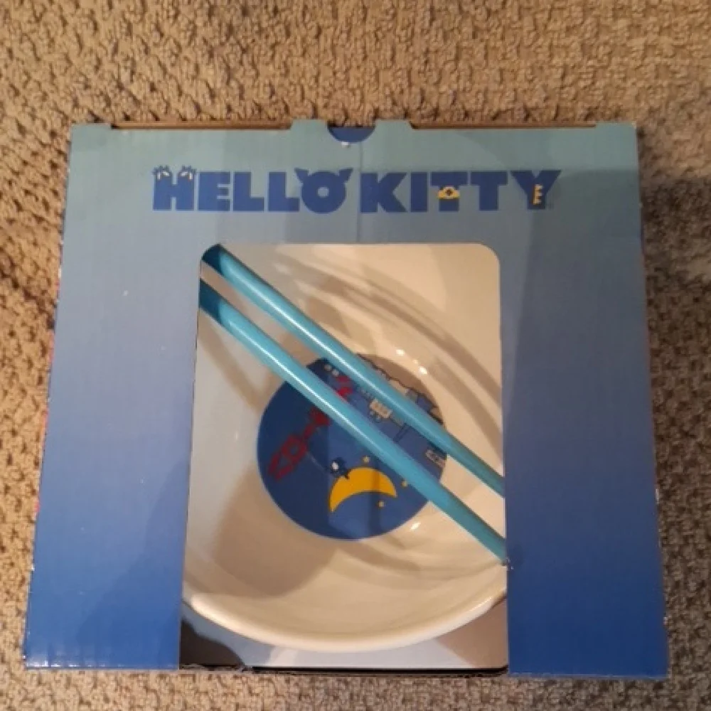 Hello Kitty Blue and White Bowl with Matching Blue Chopsticks